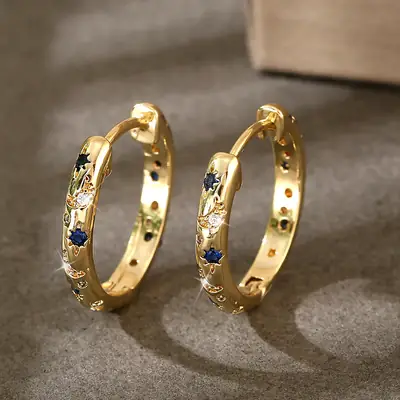 Women Moon Star Earrings Copper Real Gold Micro-inlaid Zircon