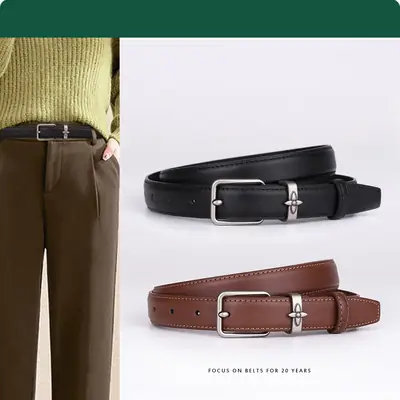Women's Genuine Leather Belt with Pin Buckle Small Flower Alloy