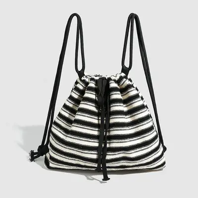 Striped Drawstring Backpack for Women Black White