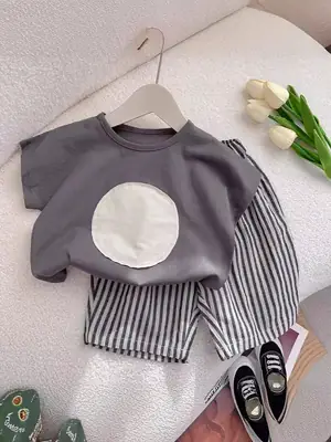 Boys Summer T-Shirt Pants Set Gray Striped Cropped Shorts