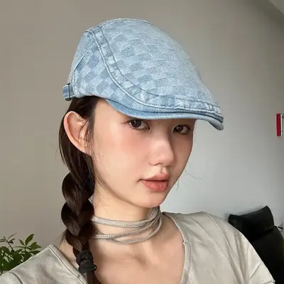 Women Checkered Wash Denim Cap Adjustable Big Head Circumference