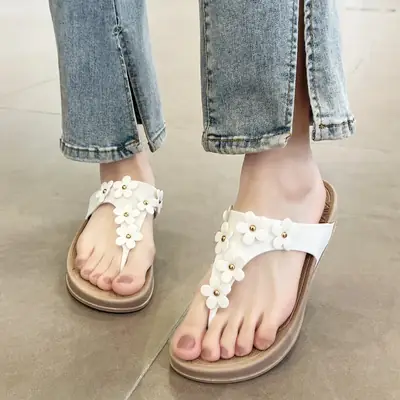 Women's White Flower Themed Wedge Flip Flops