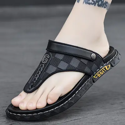 Men's Black Mesh Flip-Flops with Velcro Strap