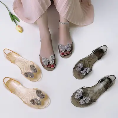 Women's Rhinestone Peep Toe Flats Transparent Pvc