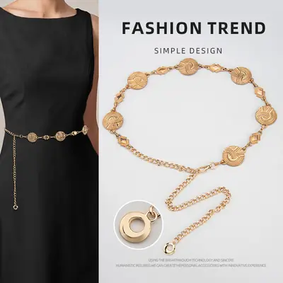 Gold Metal Ethnic Waist Chain for Women 3.5cm