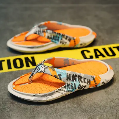 Men Orange Graphic Flip Flops Summer Casual Sandals
