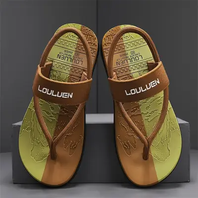 Men Vietnamese Printed Flip Flops Brown Gold