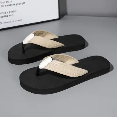 Men's Black Beige Strap Flip Flops Casual Summer Sandals