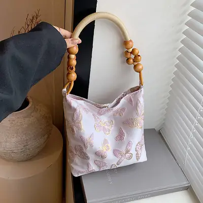Artistic Embroidered Women's Shoulder Bag with Wooden Handles