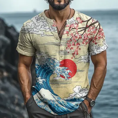 Men Linen Short Sleeve Shirt Beige Spring Summer