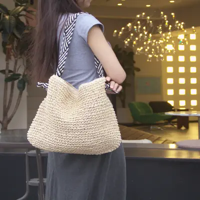 Beige Straw Bow Satchel Bag for Women