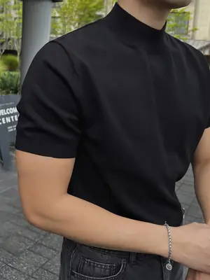 Men Black Half-Turtleneck Knitted T-Shirt Slim Fit