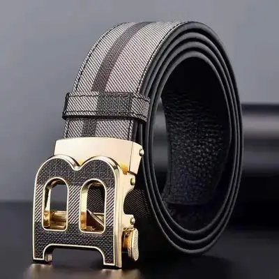 Men's Genuine Leather Belt with Gold Buckle Plaid Design