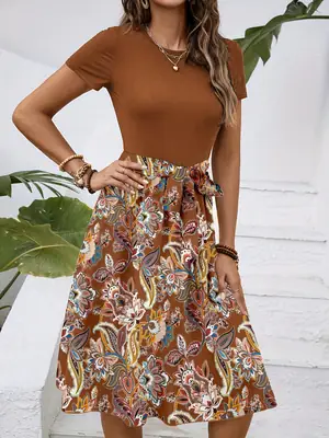 Women's Paisley Belted Midi Dress Brown Floral