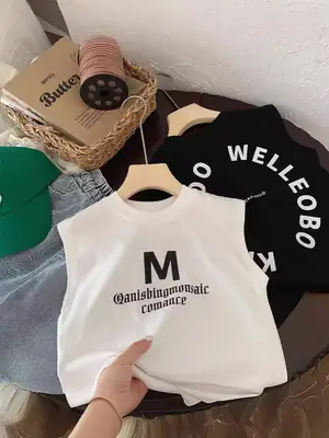 Pure Cotton Kids Vest Black Letter Print Summer