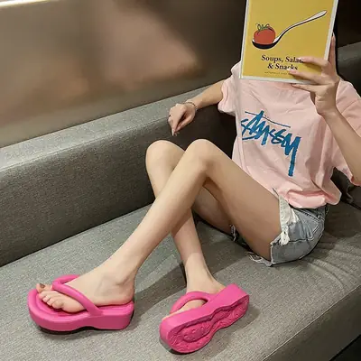 Women Pink High Heel Flip Flops Summer Wear