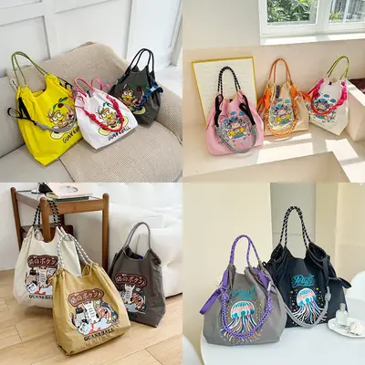 Pink Cartoon Embroidered Waterproof Shoulder Bag