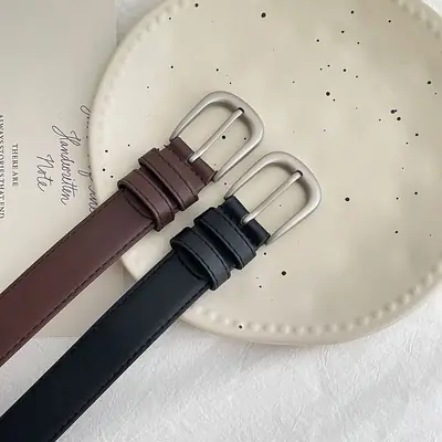 Black Leather Belt with Silver Buckle for Women