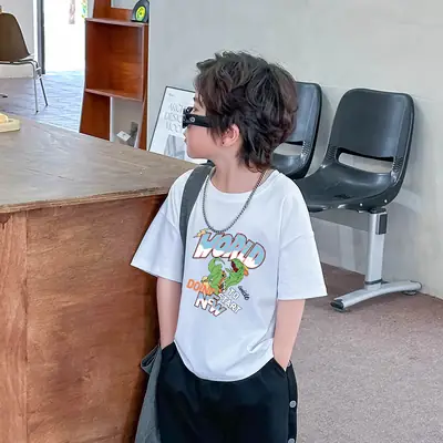 Dinosaur Printed Cotton T-Shirt White Green Shoulder Drop