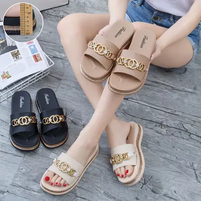 Women's Black Gold Chain Platform Slides Summer Sandals