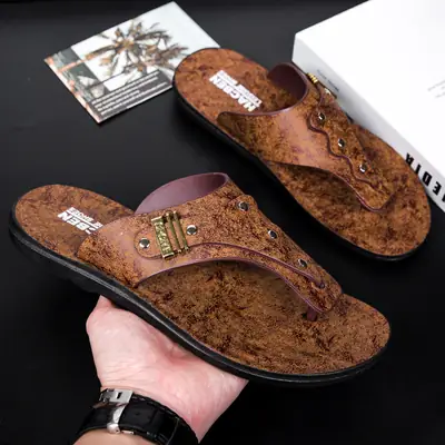 Men's Black Velvet Slip-On Sandals with Metal Decor