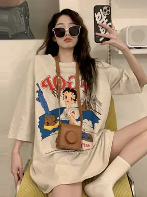 vintage American Retro T-shirt Women's Large Size Pure Cotton Short-sleeved Loose Slimming Look ins Niche Design Top Trendy