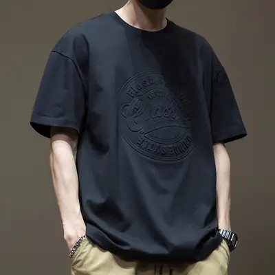 Men Black Heavy Cotton T-Shirt Plus Size Steel Print