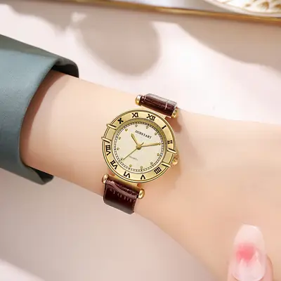 Retro Style Women's Quartz Watch with Brown Leather Belt