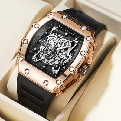 Men's Rose Gold Skeleton Watch with Black Strap