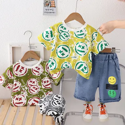 Girls Short Sleeve T-Shirt Shorts Set Gray Smile Print