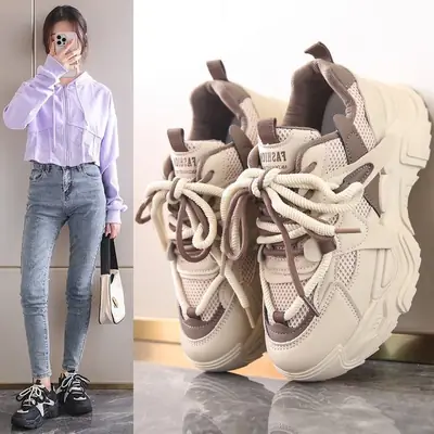 Women Thick Mesh Dad Shoes Black White Casual Summer