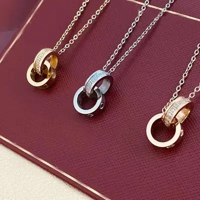 Double Ring Necklace with Full Diamond Zircon Clavicle Rose Gold