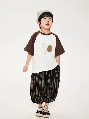 Boys Cotton T-Shirt Brown White Striped Pants Set