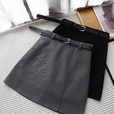 Women Black Belted Hip Skirt 1757 Summer