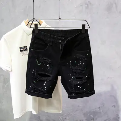 Black Ripped Splash Ink Slim Fit Shorts for Men