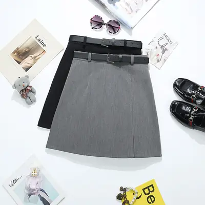 Grey High Waist Split A-Line Skirt with Belt 2024