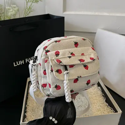 Vintage Strawberry Corduroy Shoulder Bag for Girls