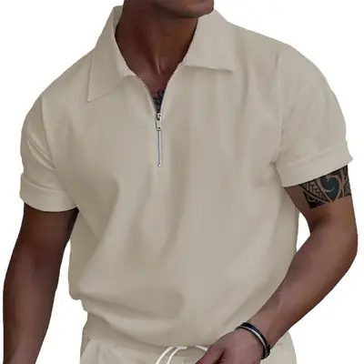Men's Black Zip Polo T-Shirt Short Sleeve Cotton