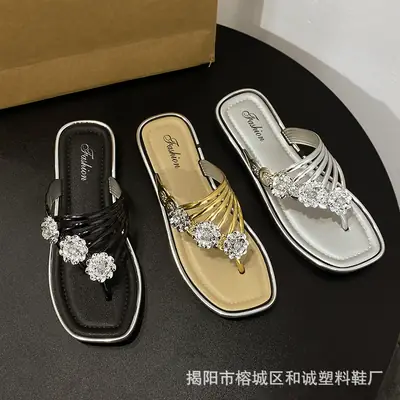 Women Silver Crystal Flip Flops Summer Sandals