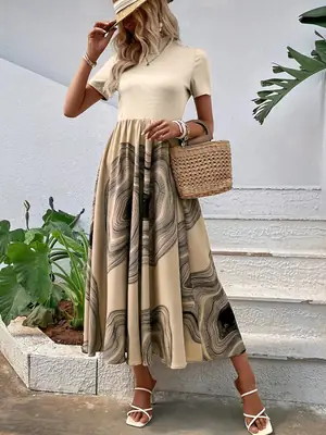 Women 3D Geometric Print Beltless Midi Dress Beige Brown