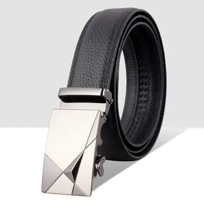 Men's Black Leather Belt with Silver Automatic Buckle