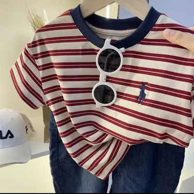 Boys Cotton Striped T-Shirt Navy Red