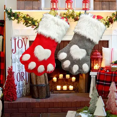 Red Dog Paw Christmas Socks with Fur Trim