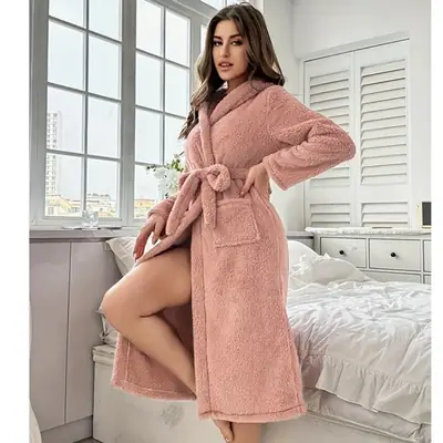 Winter Pink Fleece Bathrobe for Women with Belt and Pockets