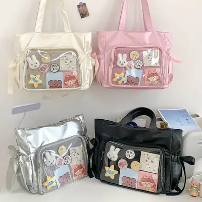 Japanese Ballet Style Puffy Tote Bag for Girls Black