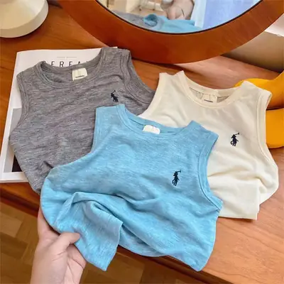 2025 Summer Boys Vest Mask T-Shirt Blue White Grey