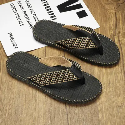 Black Leather Beach Flip-Flops for Men