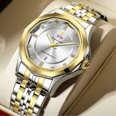 Men's Gold Silver Diamond Watch with Steel Belt