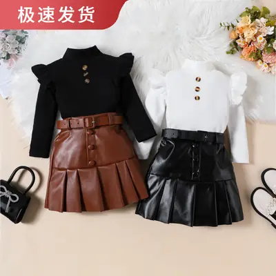 Girls Leather Pleated Skirt Set Black Top Brown Belt