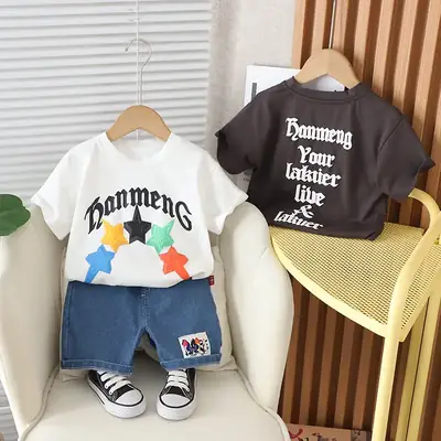 Boys Star Print Shorts Set Brown Blue 2024